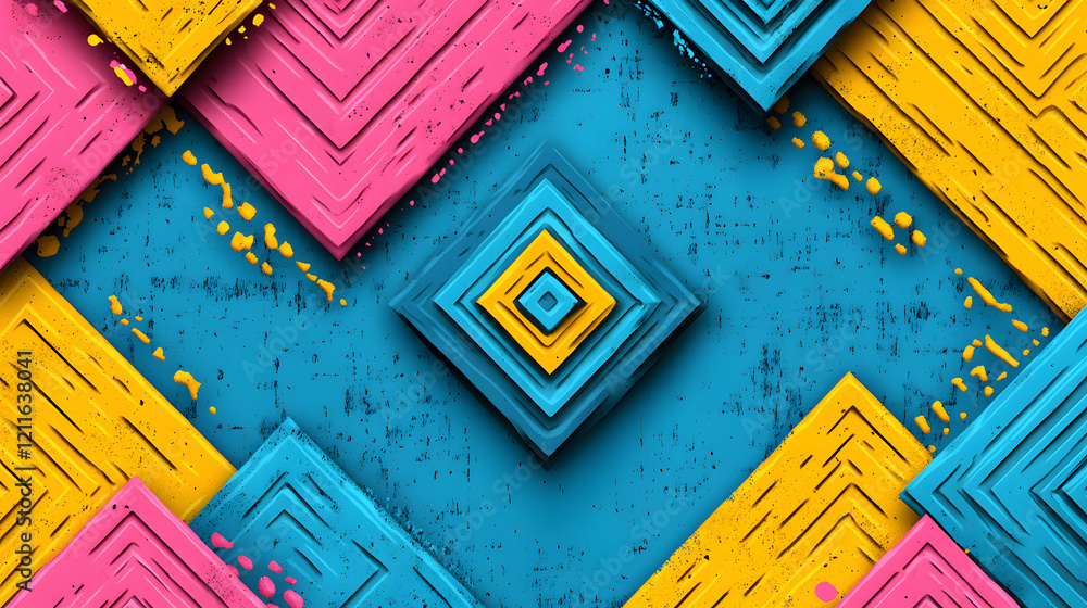 Poster a vibrant geometric pattern featuring layered shapes in pink, blue, and yellow, creating a dynamic v