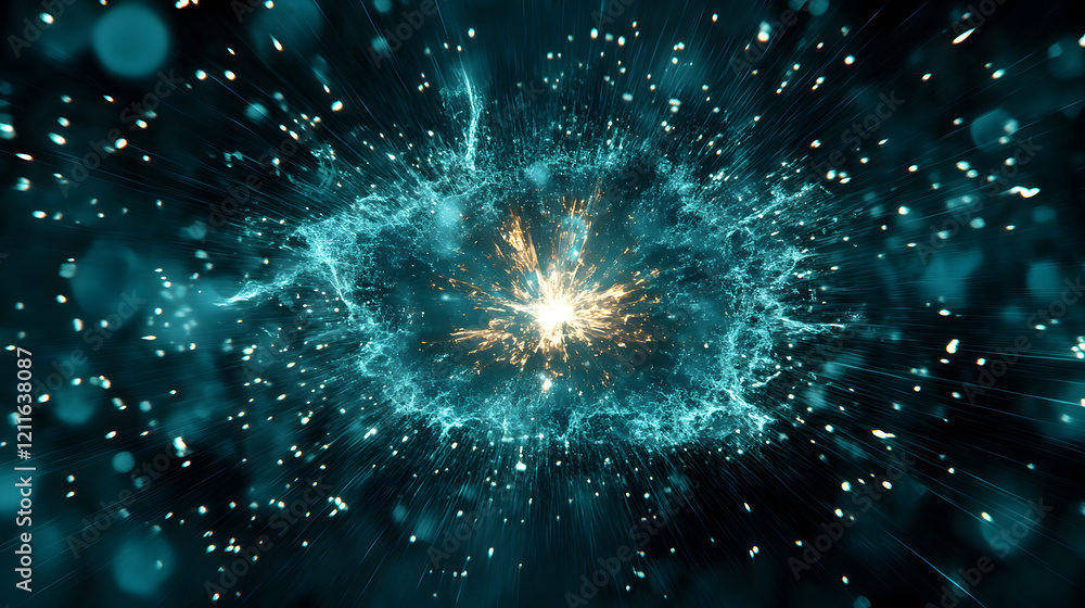 Poster A vibrant explosion of light and particles in a dark, cosmic background, creating an ethereal and dynamic visual effect