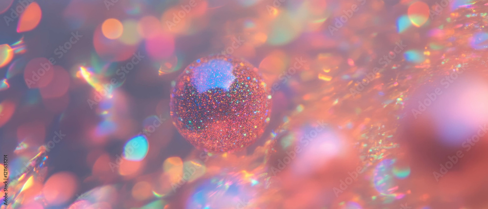 Poster color shifting 3d spheres in an abstract glittering background with iridescent effects