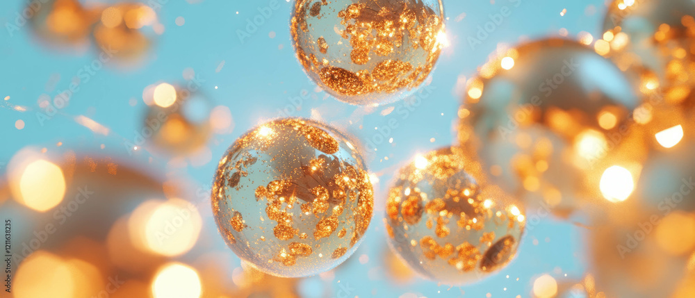 Poster dynamic glitter trails surround abstract 3d spheres in captivating motion