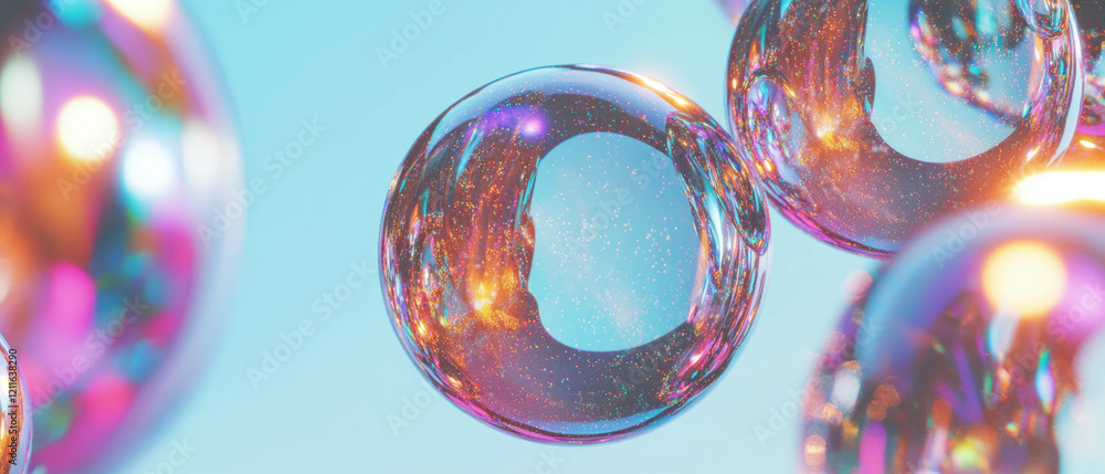 Poster creative expression through abstract 3d spheres with glitter and surreal reflections