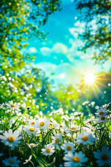 Obraz premium A field of daisies with the sun shining through the trees