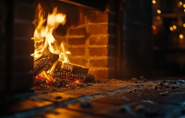 Warm cozy fireplace with burning wood logs and glowing embers.