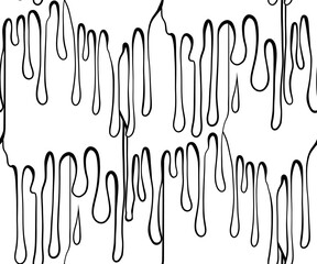Vector seamless pattern with contour paint drips flows down. Monochrome outline texture with sticky dye drops. Festive background for wrapping paper