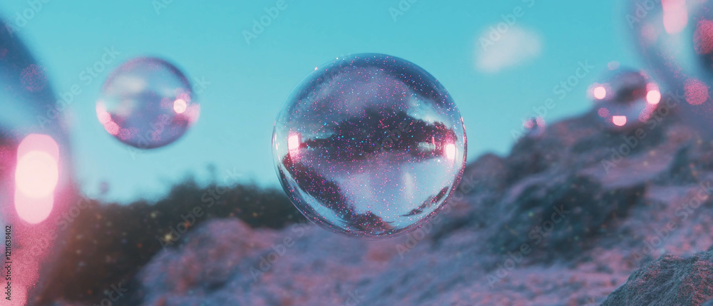 Poster surreal atmosphere created by 3d spheres reflecting artistic expressions and glittering light