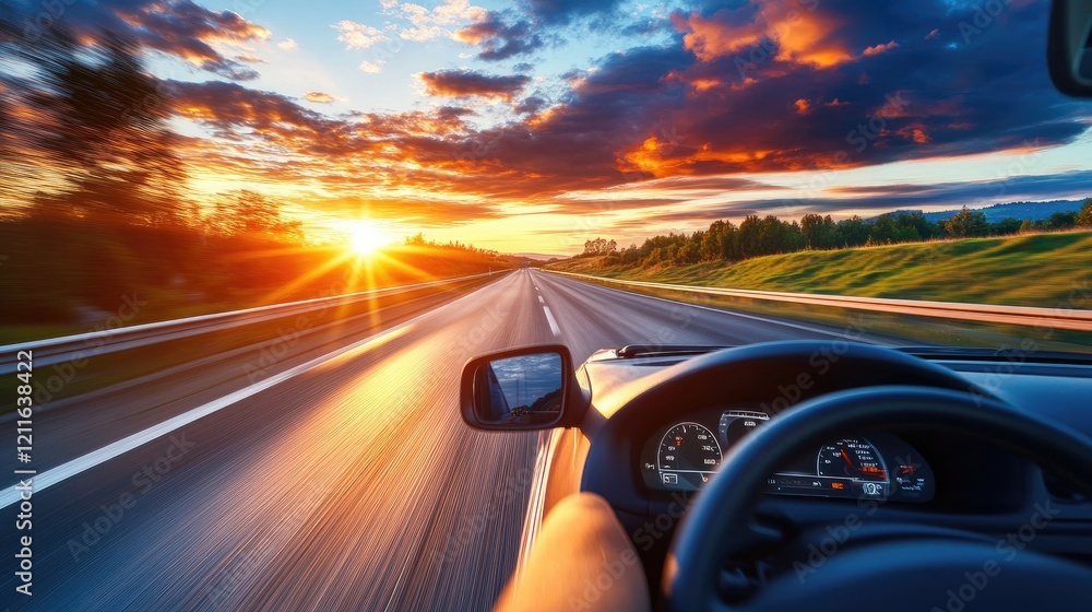 Poster a calming shot of a highway from inside a moving car, with the sun rising in the distance, offering 