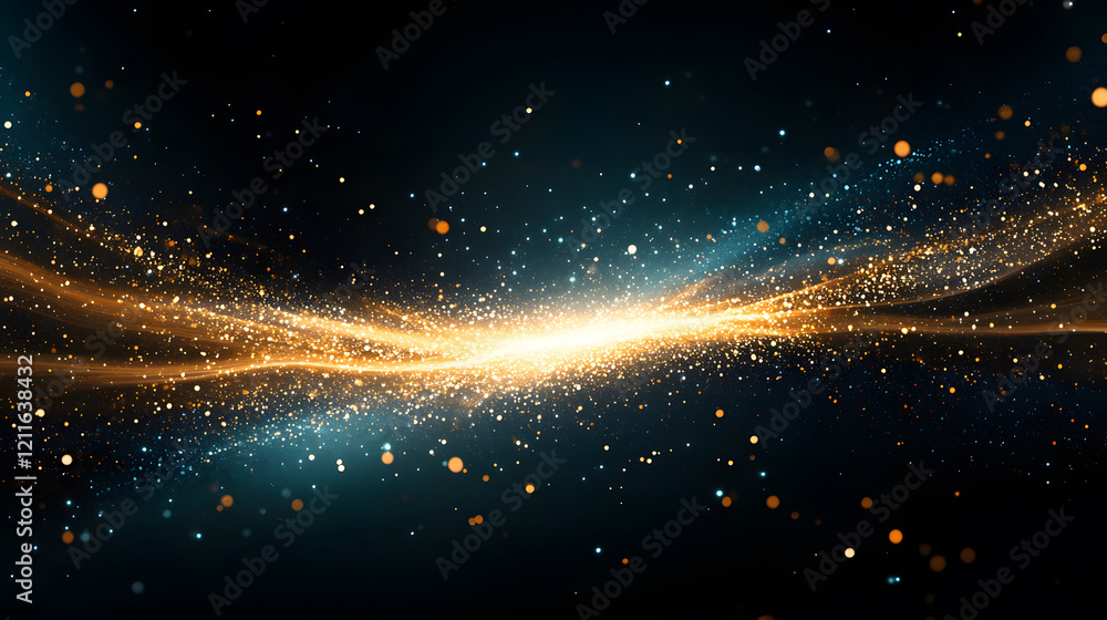 Poster a mesmerizing cosmic scene featuring swirling golden particles against a dark background, evoking a 