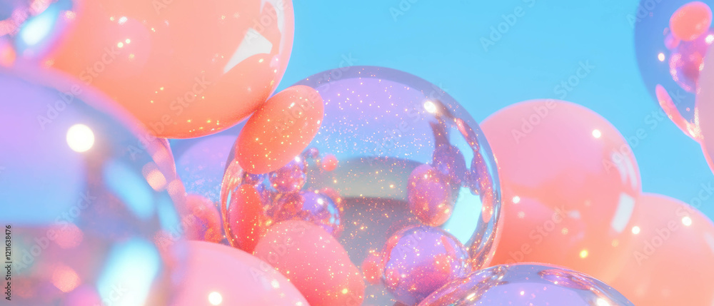Poster dynamic abstract background of 3d spheres reacting to sound with immersive glitter effects