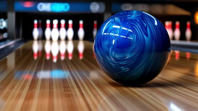 A close-up of a blue bowling ball rolling towards the pins on a polished wooden lane.