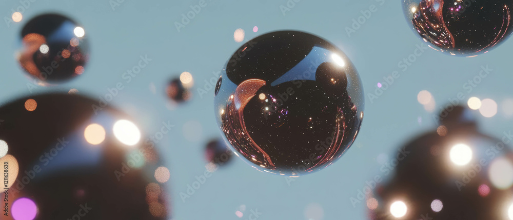 Poster dynamic abstract background featuring 3d spheres with captivating glitter trails