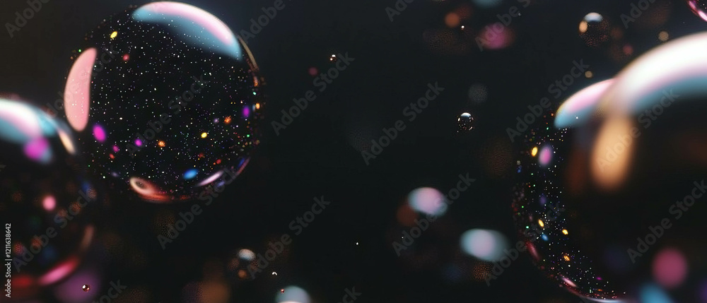 Poster Abstract design of 3D spheres with glitter trails creating dynamic motion and captivating visuals
