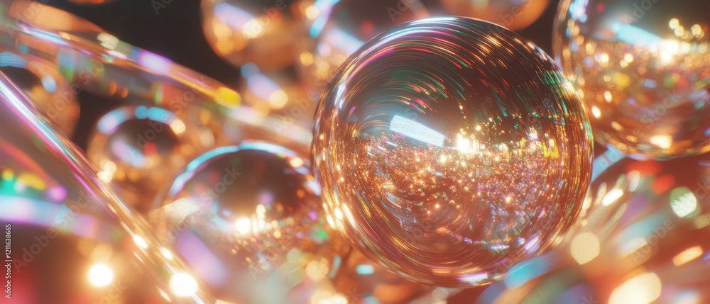 Poster Dynamic glitter trails surround 3D spheres in captivating abstract design with empty center