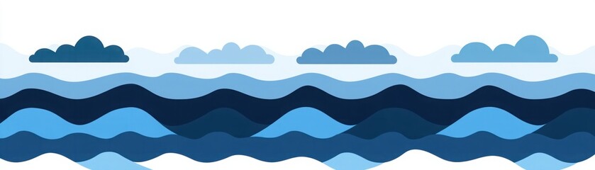 Serene Abstract Ocean Waves with Layered Shades of Blue and Grey, Featuring Stylized Clouds Against a Minimalist Background for Calm and Relaxing Atmosphere
