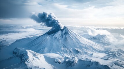A captivating aerial view of a snow-capped volcano with volcanic smoke rising from its peak, surrounded by a pristine snowy landscape under a bright sky.