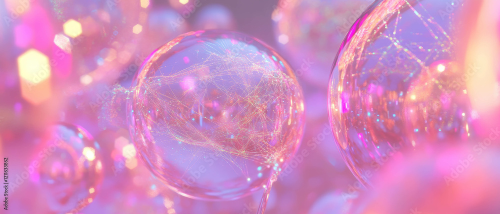 Poster Visual representation of interconnected 3D spheres in an abstract network environment