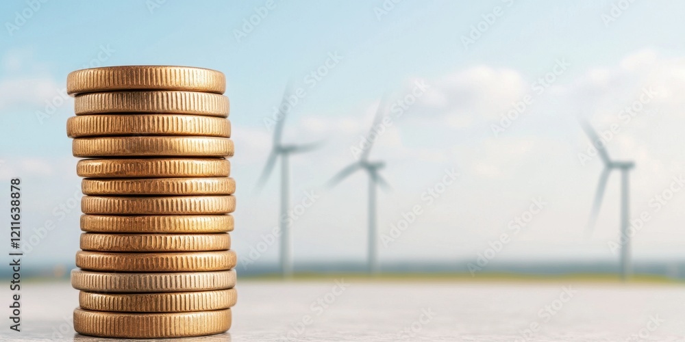Poster ev car concept. stacks of coins with wind turbines in background