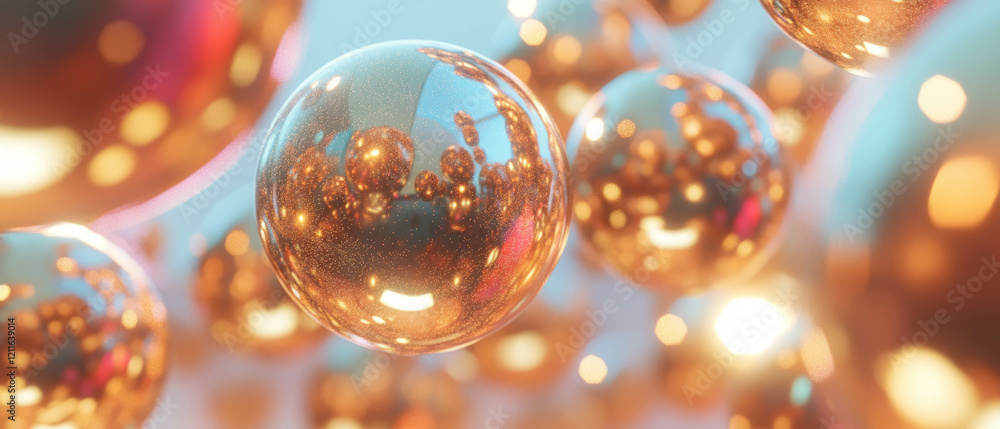 Poster abstract background featuring polished 3d spheres with metallic glitter and luminous details