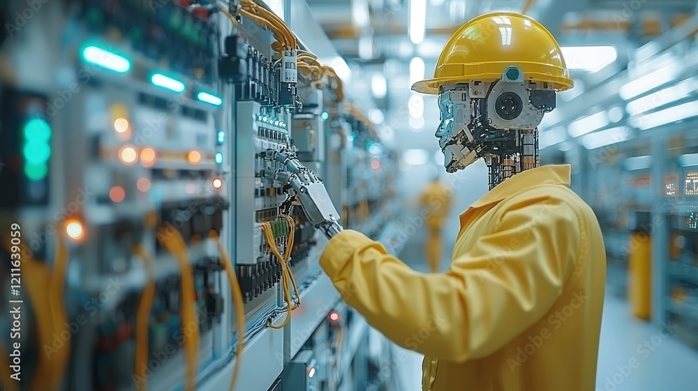 Poster futuristic factory: a robot worker in action
