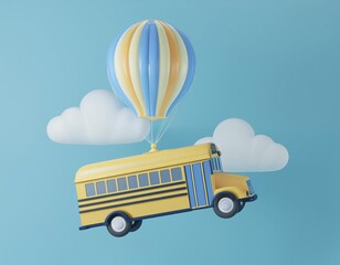 3D illustration school bus floats through the sky attached to a colorful hot air balloon