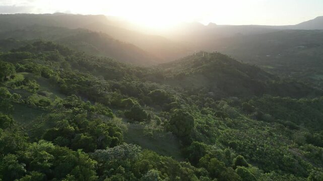Aerial view of the lush Cordillera Septentrional mountain range near the village of Tubagua in the Puerto Plata province of the Dominican Republic during sunset