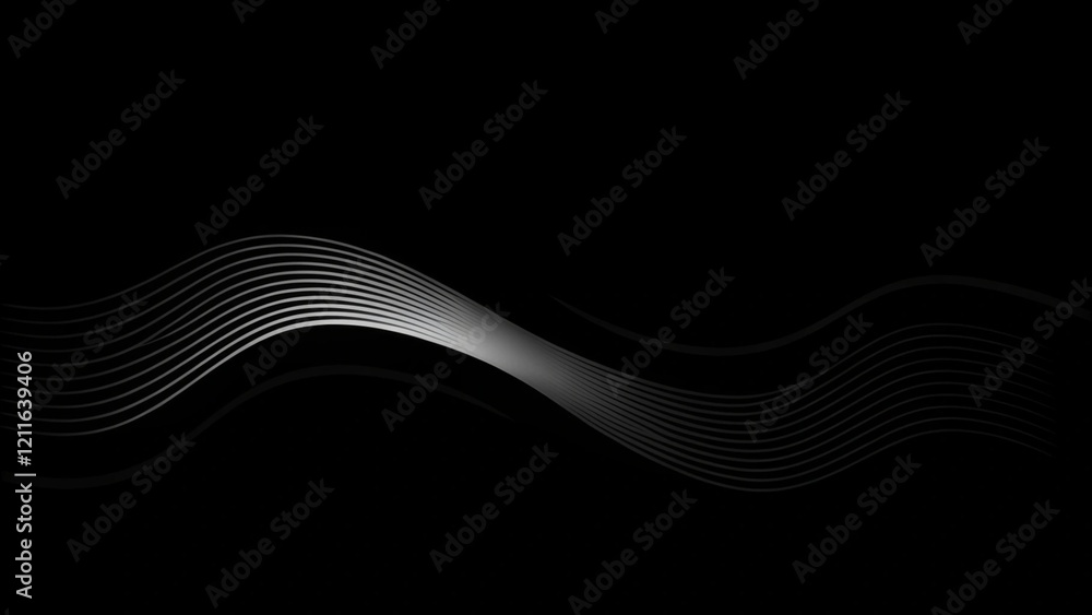 Poster abstract wavy lines flowing smooth curve white grey light colors on black background in concept of l