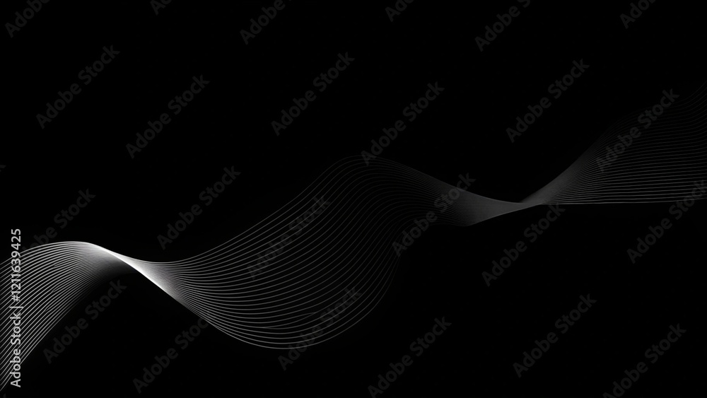 Poster abstract wavy lines flowing smooth curve white grey light colors on black background in concept of l
