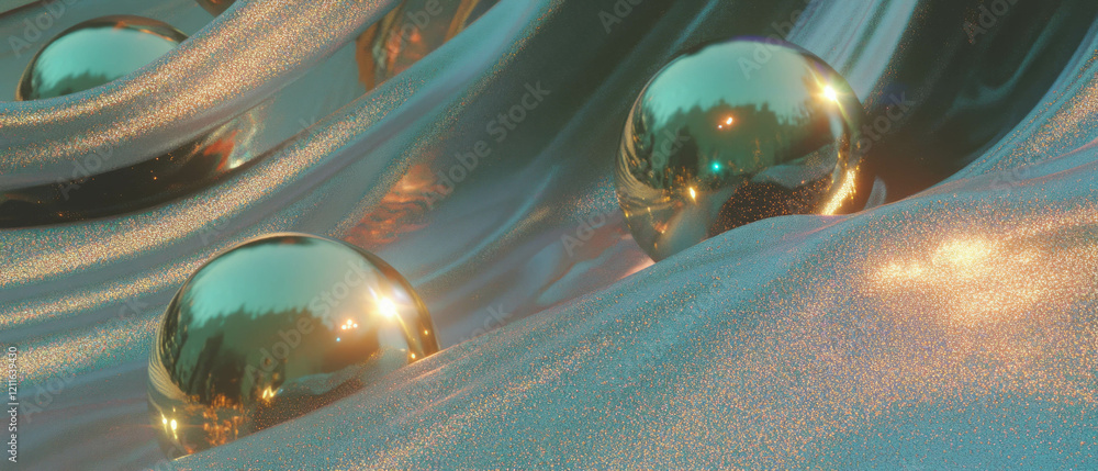 Poster explore the depth and texture of abstract spheres with glittering surfaces