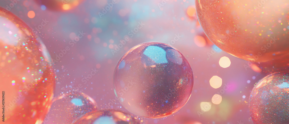 Poster vibrant abstract background featuring dynamic 3d spheres with smooth glitter transitions