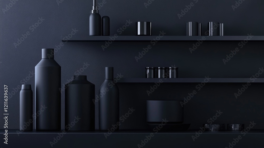 Poster a chic and minimalist display of black containers and bottles against a dark background, suitable fo
