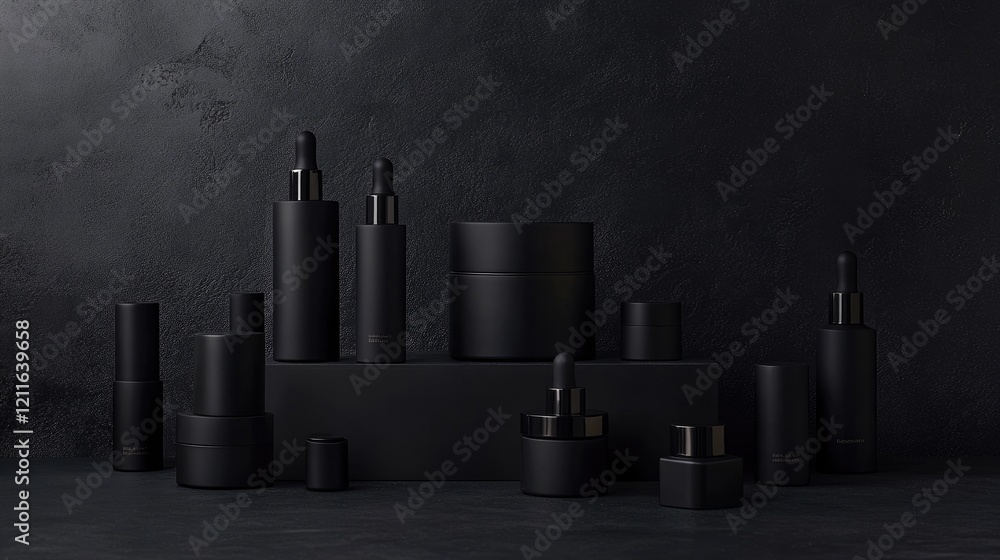 Poster a chic and minimalist display of black containers and bottles against a dark background, suitable fo