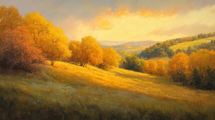 Naklejka premium Golden hues of autumn landscape painted with soft light and serene hills