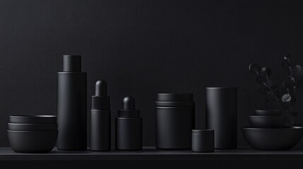 A chic and minimalist display of black containers and bottles against a dark background, suitable for high-end cosmetic or skincare branding.