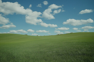 Obraz premium A vibrant green grassy field under a clear blue sky with fluffy white clouds, captured in high definition to showcase the natural beauty and serene atmosphere