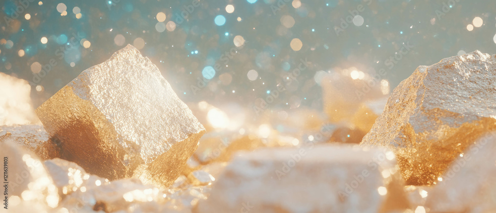 Aufkleber abstract design featuring 3d stone cubes with glitter dust and earthy tones in empty space