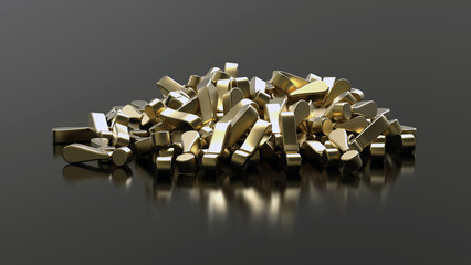 黒色背景の金属表面の3DCG、エクスクラメーションマーク