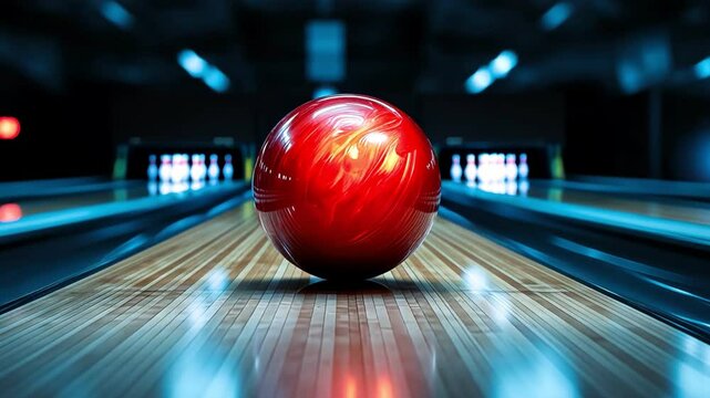 A close-up of a red bowling ball rolling down a shiny wooden lane.