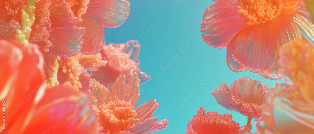 Poster vibrant abstract background featuring stylized flowers and petals with central empty space
