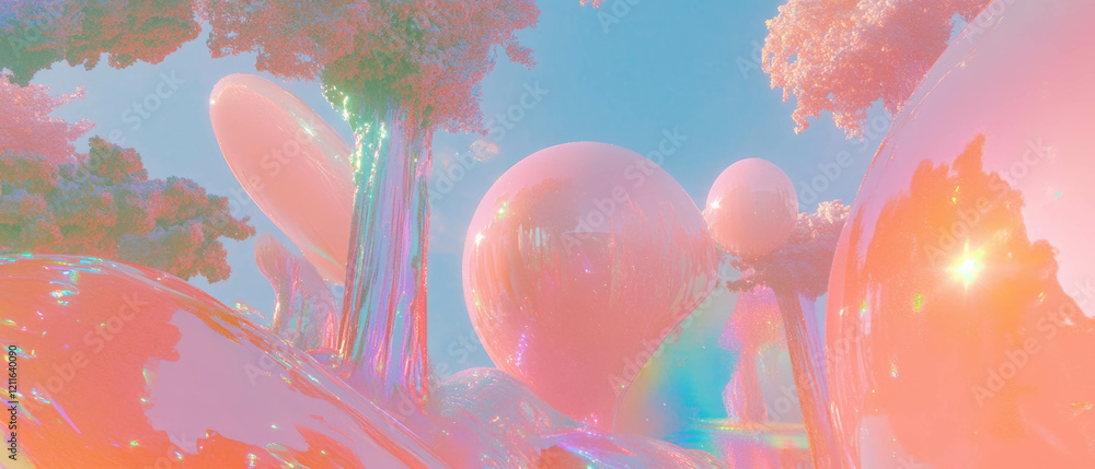 Aufkleber exploring a vibrant abstract landscape filled with stylized trees and colorful foliage