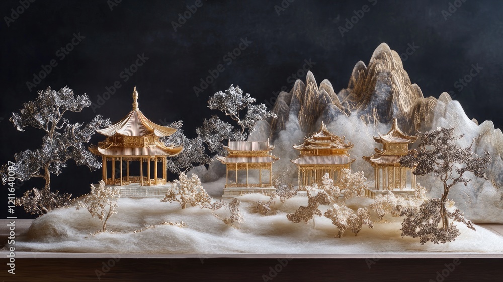 Poster a chinese landscape model with gold and silver foil mountains and pavilions, beautifully arranged wi