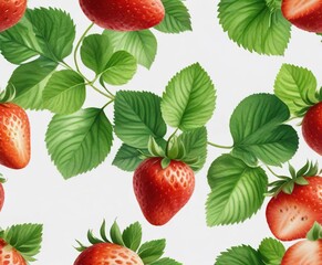 Fresh watercolor strawberry with green leaves on a white background, berry, fruit, sweet, food, juicy