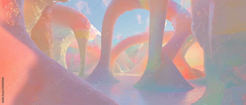 Poster stylized 3d trees in an abstract, colorful landscape with whimsical elements
