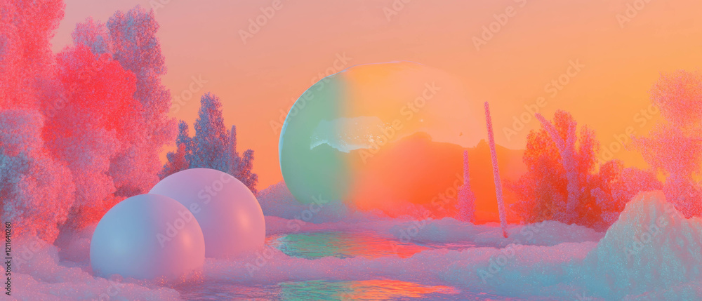 Poster vibrant abstract landscape with stylized trees and colorful foliage in whimsical atmosphere