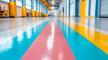 Fototapeta premium Colorful Zoned Factory Floor for Safety and Navigation in Industrial Warehouse