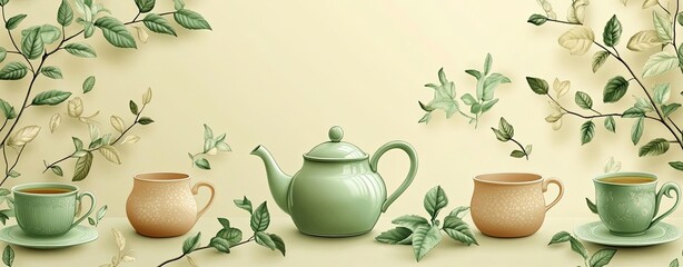 Seamless pattern of teapots, cups, and tea leaves in soft green and beige tones, calming and elegant
