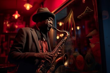 Jazz musician playing saxophone in a red-lit bar