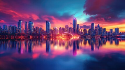 Fototapeta premium A city skyline with futuristic architecture, reflecting vibrant colors on the water under a dramatic sunset sky, creating a stunning cityscape.