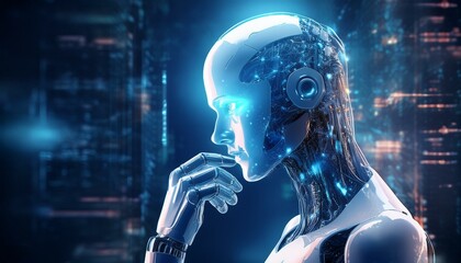 Futuristic AI Robot – Thinking Cyborg with Blue Lights, Advanced Technology, Artificial Intelligence Concept, and Robotics Design