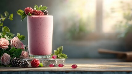 Blackberry smoothie on a crystal podium adorned with gemstone accents.