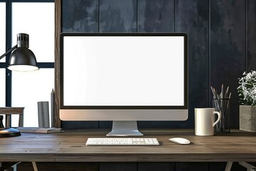 Vibrant Color Visual of Computer on Table in Work Space Mockup