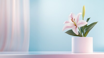 Obraz premium A radiant lily positioned on a rainbow podium with a shimmering curtain backdrop.